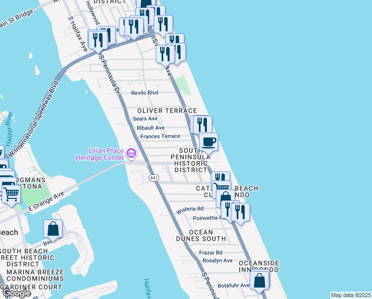 map of restaurants, bars, coffee shops, grocery stores, and more near 535 Eastwood Lane in Daytona Beach