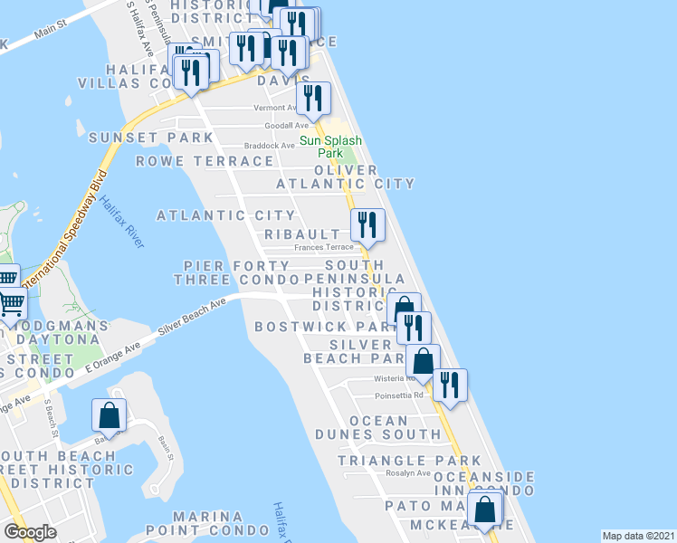 map of restaurants, bars, coffee shops, grocery stores, and more near 535 Eastwood Lane in Daytona Beach