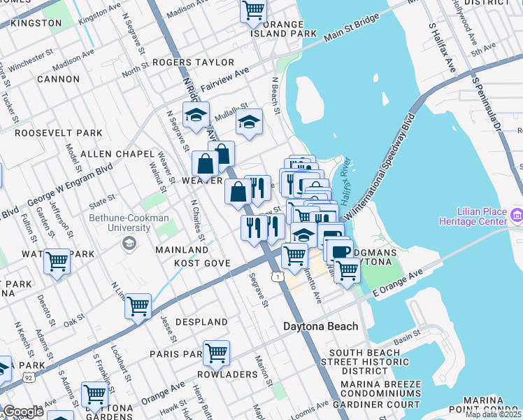 map of restaurants, bars, coffee shops, grocery stores, and more near 239 3rd Avenue in Daytona Beach
