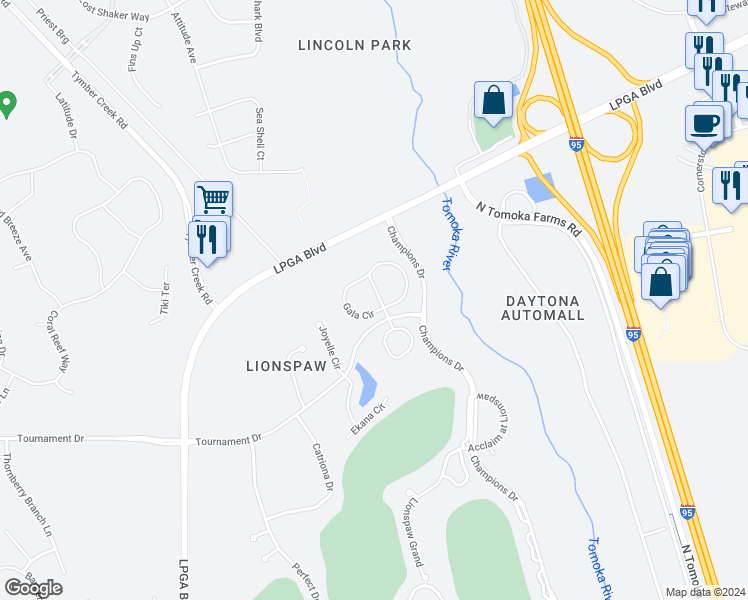 map of restaurants, bars, coffee shops, grocery stores, and more near 102 Carnival Drive in Daytona Beach