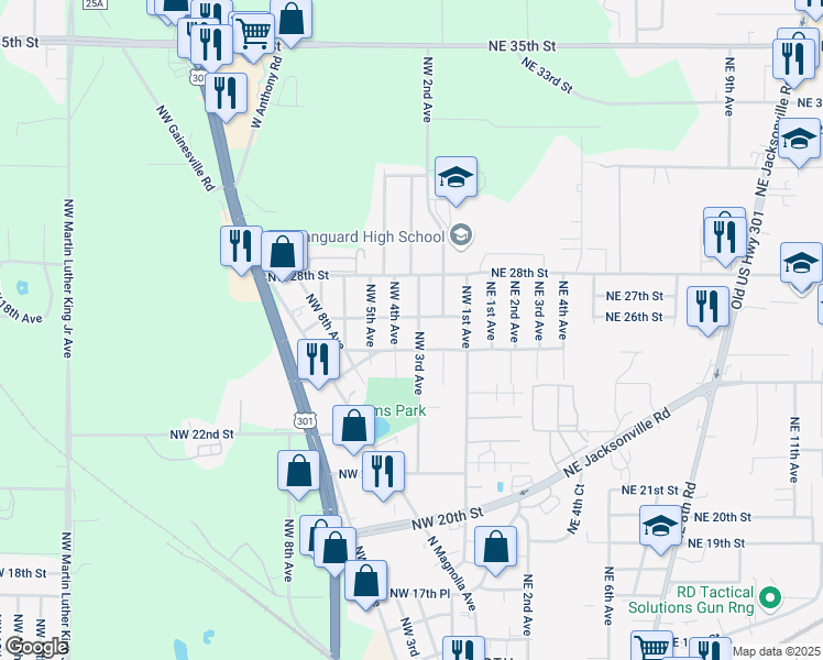 map of restaurants, bars, coffee shops, grocery stores, and more near 221 Northwest 26th Street in Ocala