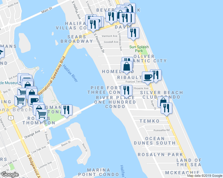map of restaurants, bars, coffee shops, grocery stores, and more near 934 South Peninsula Drive in Daytona Beach