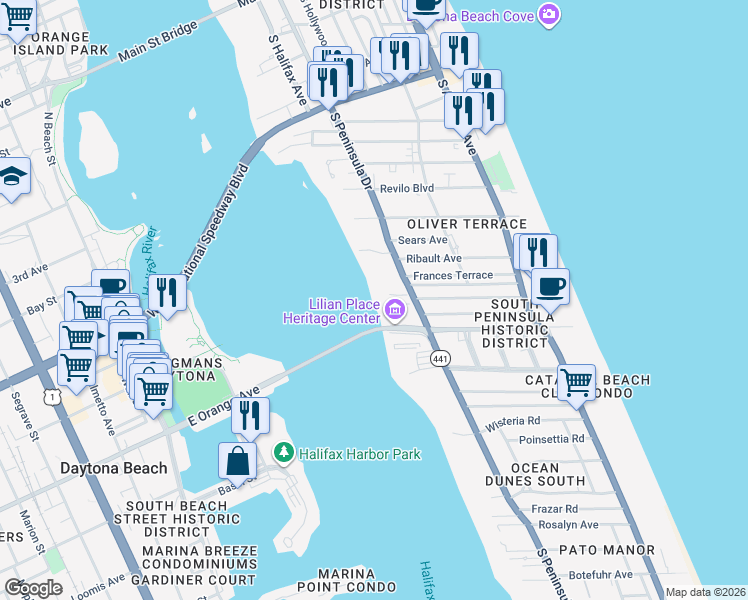 map of restaurants, bars, coffee shops, grocery stores, and more near 936 South Peninsula Drive in Daytona Beach