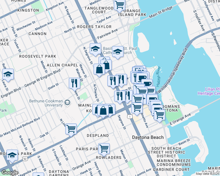 map of restaurants, bars, coffee shops, grocery stores, and more near 236 North Ridgewood Avenue in Daytona Beach