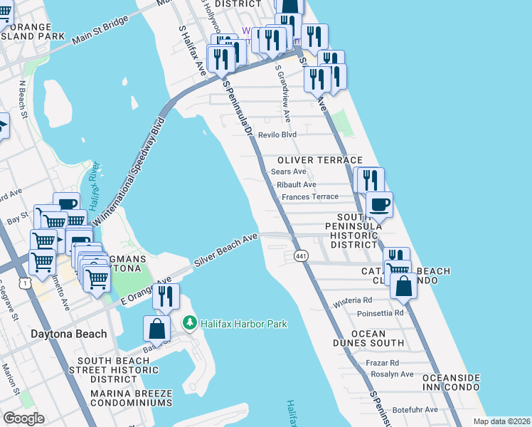 map of restaurants, bars, coffee shops, grocery stores, and more near 934 South Peninsula Drive in Daytona Beach