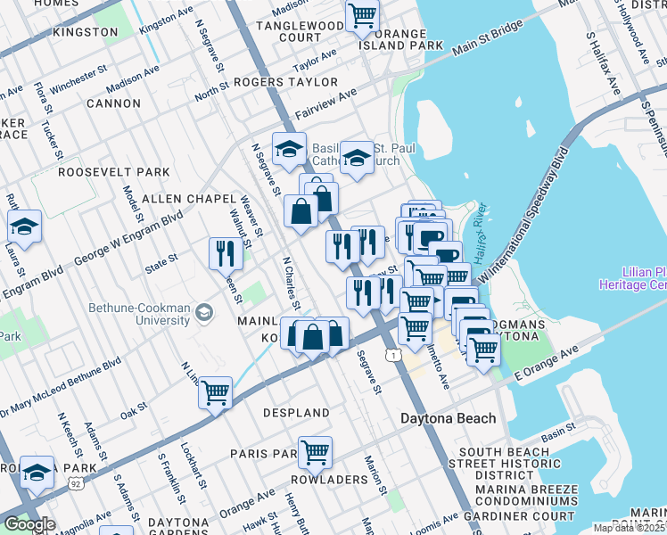 map of restaurants, bars, coffee shops, grocery stores, and more near 236 North Ridgewood Avenue in Daytona Beach