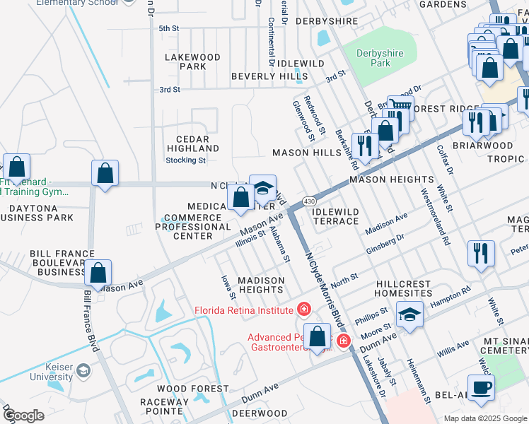 map of restaurants, bars, coffee shops, grocery stores, and more near 1420 Mason Avenue in Daytona Beach