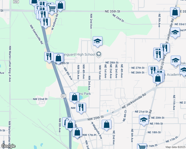 map of restaurants, bars, coffee shops, grocery stores, and more near 221 Northwest 26th Street in Ocala