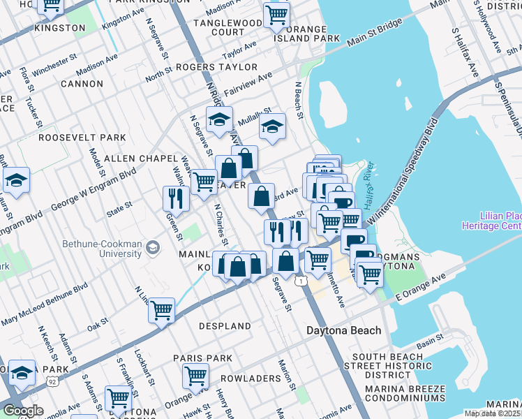 map of restaurants, bars, coffee shops, grocery stores, and more near 236 North Ridgewood Avenue in Daytona Beach