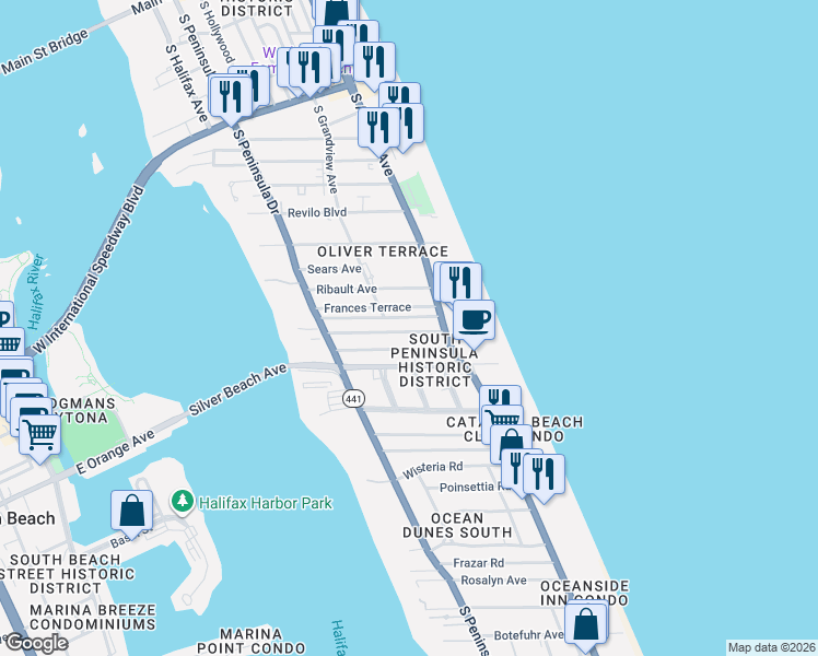 map of restaurants, bars, coffee shops, grocery stores, and more near 535 Eastwood Lane in Daytona Beach