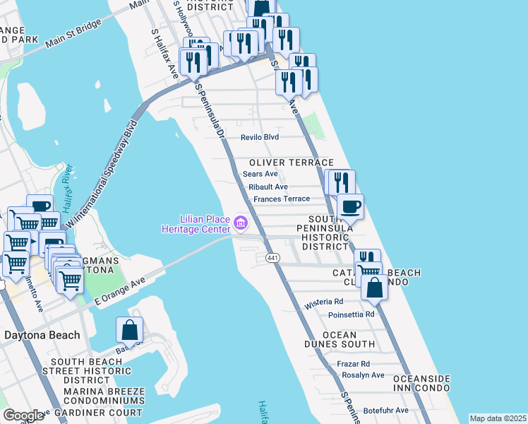 map of restaurants, bars, coffee shops, grocery stores, and more near 326 Frances Terrace in Daytona Beach
