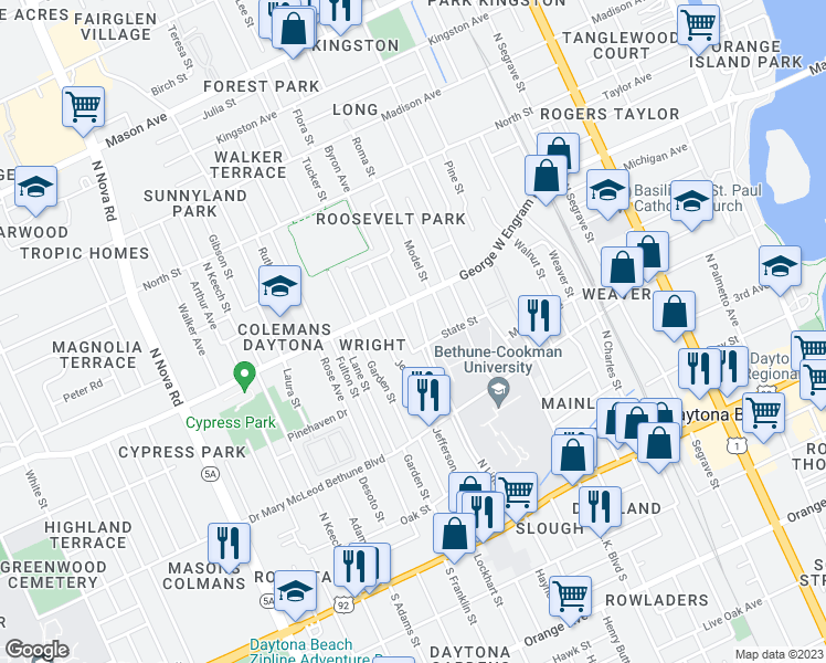 map of restaurants, bars, coffee shops, grocery stores, and more near 381 North Lincoln Street in Daytona Beach