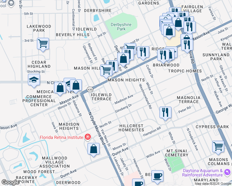 map of restaurants, bars, coffee shops, grocery stores, and more near 728 Berkshire Road in Daytona Beach