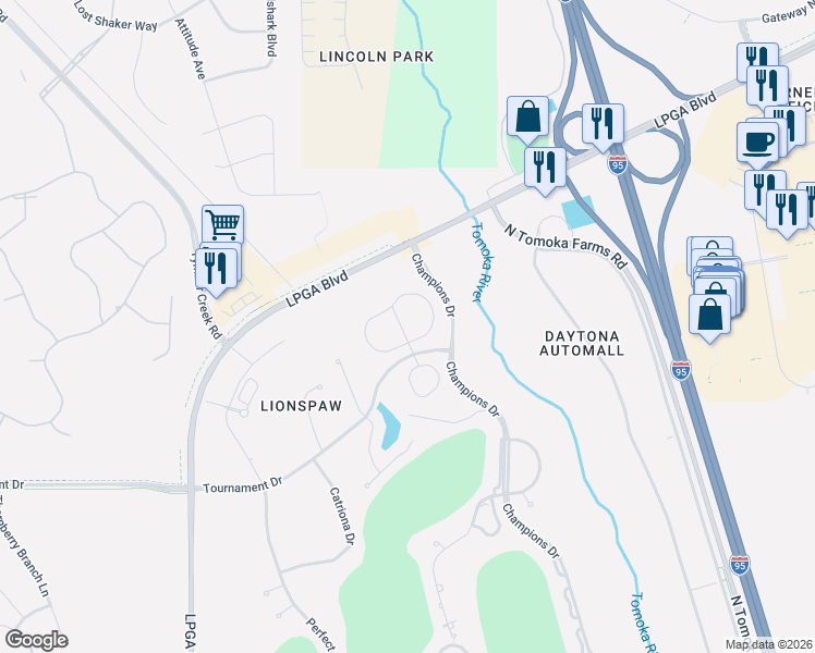 map of restaurants, bars, coffee shops, grocery stores, and more near 113 Carnival Drive in Daytona Beach