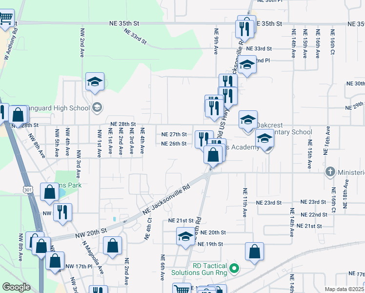 map of restaurants, bars, coffee shops, grocery stores, and more near 713 Northeast 26th Street in Ocala