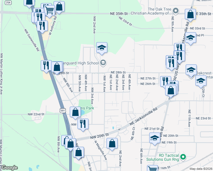 map of restaurants, bars, coffee shops, grocery stores, and more near 103 Northwest 26th Street in Ocala