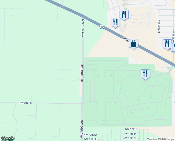 map of restaurants, bars, coffee shops, grocery stores, and more near 2624 Northwest 59th Terrace in Ocala
