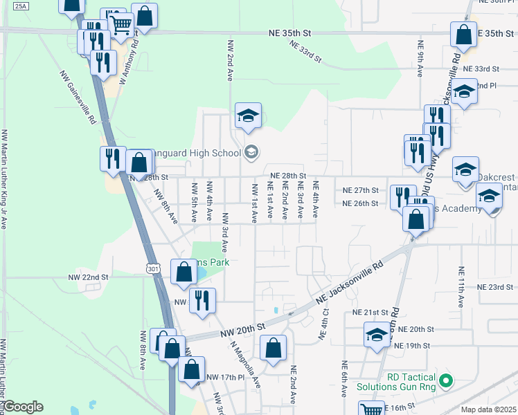 map of restaurants, bars, coffee shops, grocery stores, and more near 103 Northwest 26th Street in Ocala