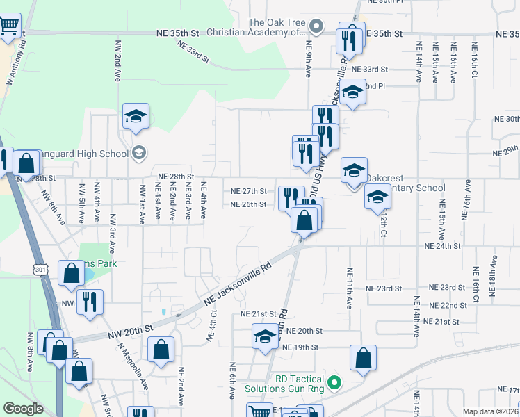 map of restaurants, bars, coffee shops, grocery stores, and more near 713 Northeast 26th Street in Ocala