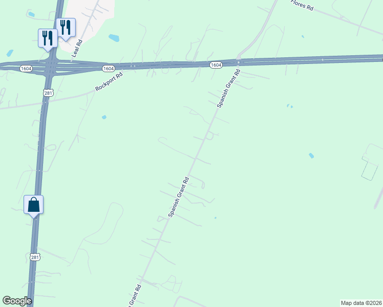 map of restaurants, bars, coffee shops, grocery stores, and more near 20689 Spanish Grant Road in San Antonio
