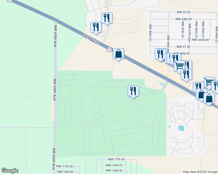map of restaurants, bars, coffee shops, grocery stores, and more near 5500 Northwest 25th Loop in Ocala