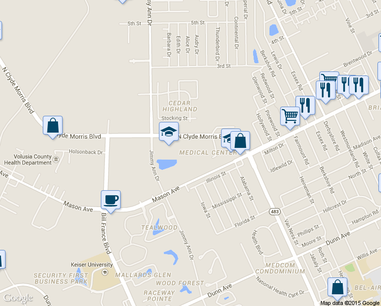 map of restaurants, bars, coffee shops, grocery stores, and more near 1640 Mason Ave in Daytona Beach