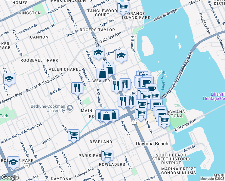 map of restaurants, bars, coffee shops, grocery stores, and more near 236 North Ridgewood Avenue in Daytona Beach