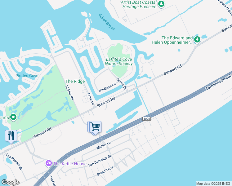 map of restaurants, bars, coffee shops, grocery stores, and more near 13560 Stewart Road in Galveston