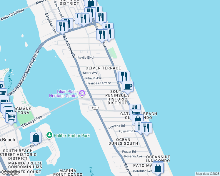 map of restaurants, bars, coffee shops, grocery stores, and more near 507 Phoenix Avenue in Daytona Beach