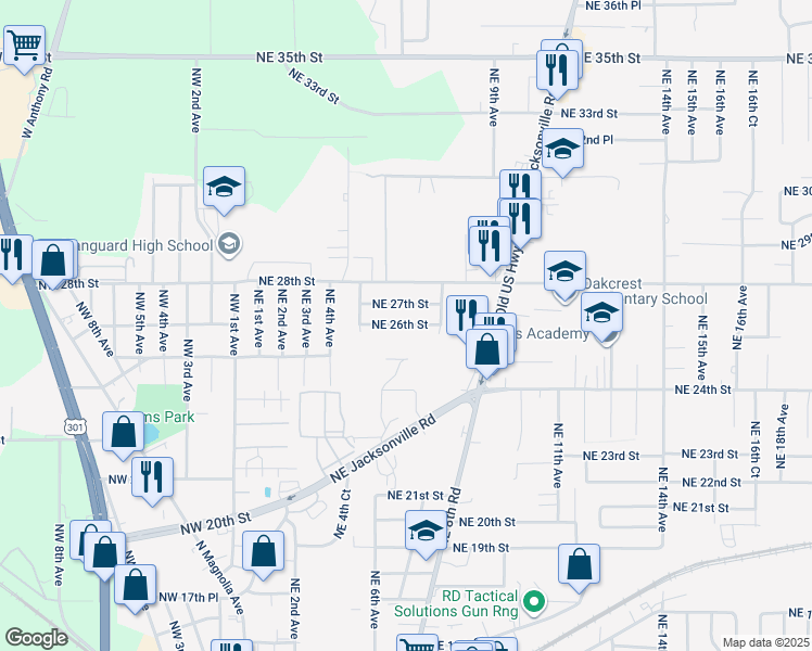 map of restaurants, bars, coffee shops, grocery stores, and more near 713 Northeast 26th Street in Ocala