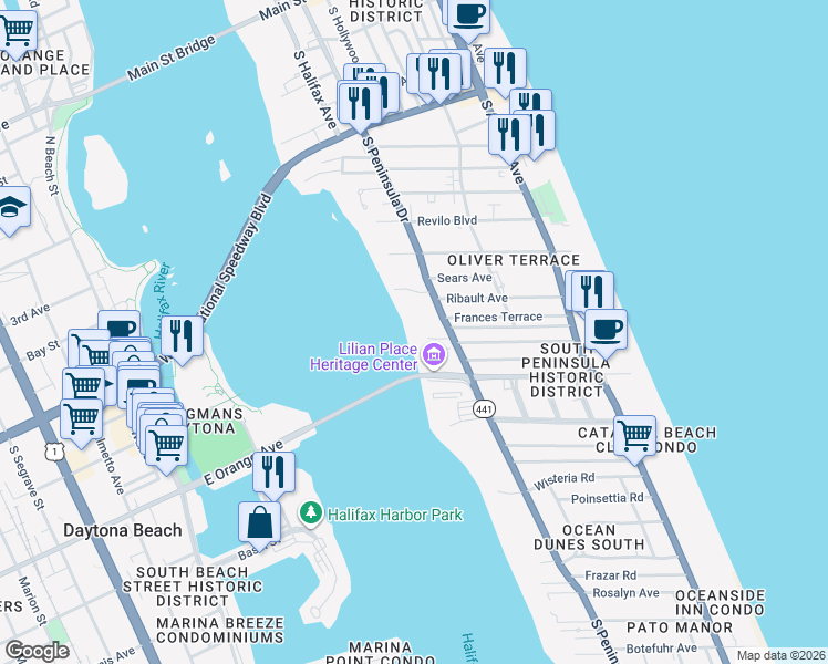 map of restaurants, bars, coffee shops, grocery stores, and more near 936 South Peninsula Drive in Daytona Beach