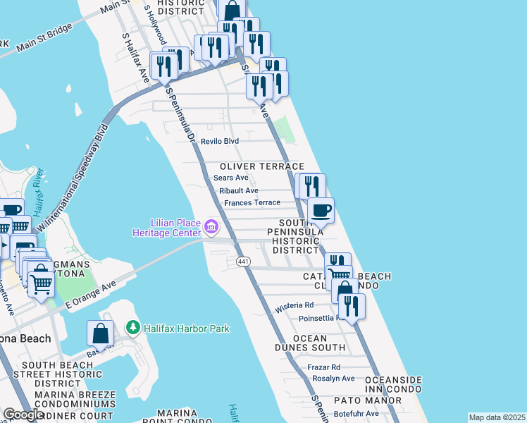 map of restaurants, bars, coffee shops, grocery stores, and more near 428 Eastwood Lane in Daytona Beach