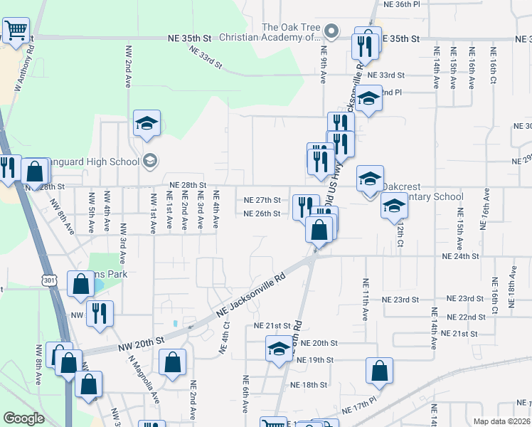 map of restaurants, bars, coffee shops, grocery stores, and more near 713 Northeast 26th Street in Ocala