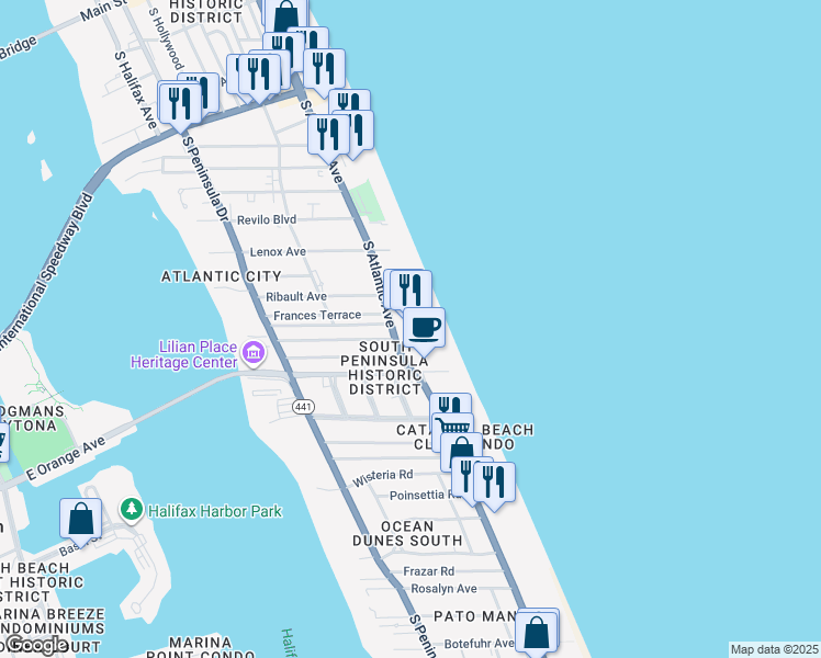 map of restaurants, bars, coffee shops, grocery stores, and more near 935 Florida A1A in Daytona Beach