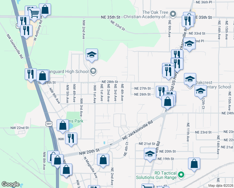 map of restaurants, bars, coffee shops, grocery stores, and more near 2601 Northeast 3rd Avenue in Ocala