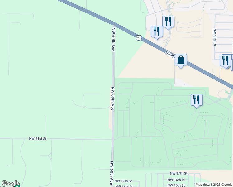 map of restaurants, bars, coffee shops, grocery stores, and more near 2624 Northwest 59th Terrace in Ocala