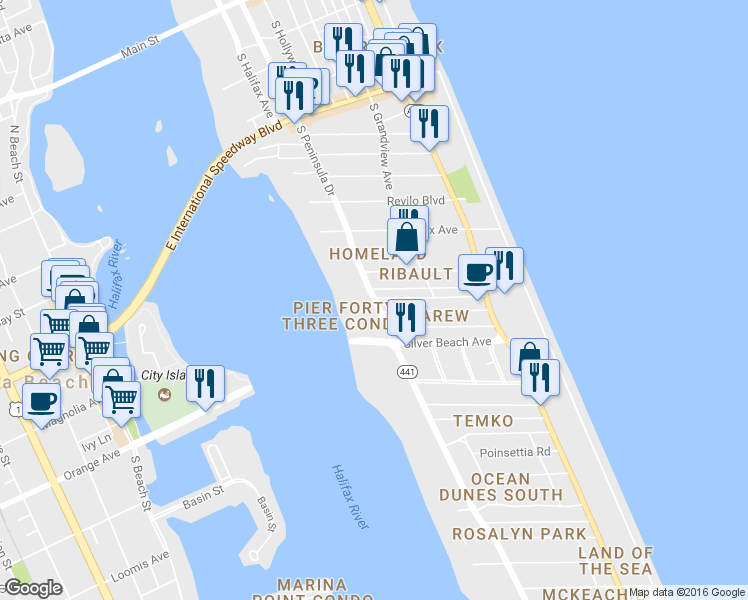 map of restaurants, bars, coffee shops, grocery stores, and more near 934 South Peninsula Drive in Daytona Beach