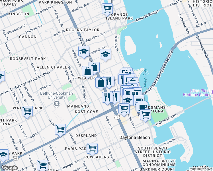 map of restaurants, bars, coffee shops, grocery stores, and more near 239 3rd Avenue in Daytona Beach