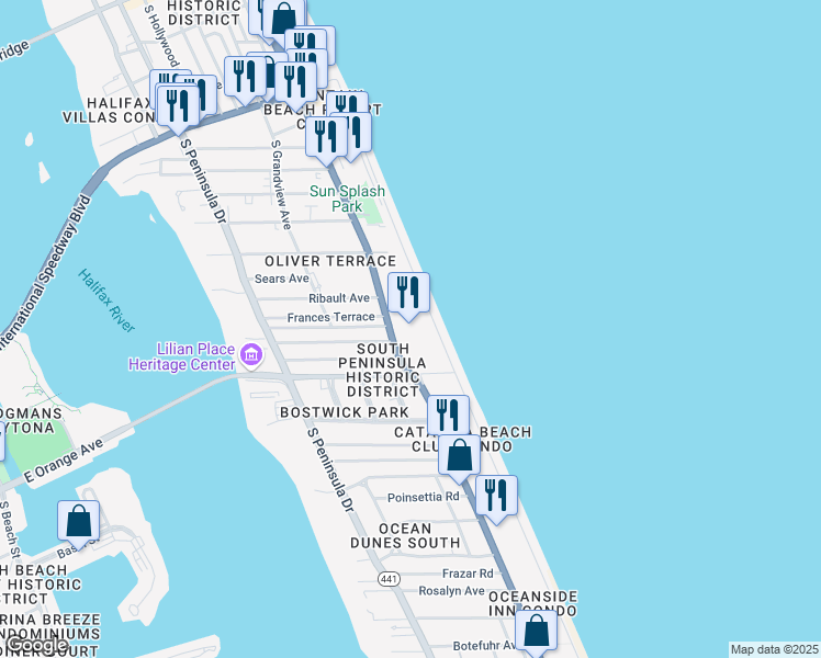 map of restaurants, bars, coffee shops, grocery stores, and more near 935 Florida A1A in Daytona Beach