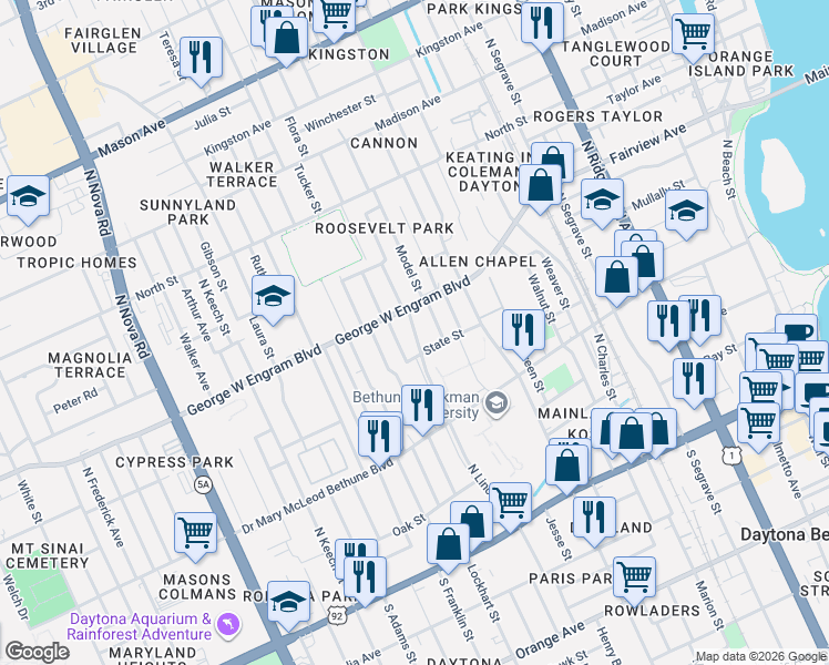map of restaurants, bars, coffee shops, grocery stores, and more near 381 North Lincoln Street in Daytona Beach