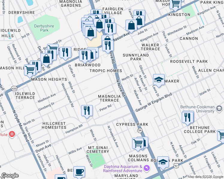 map of restaurants, bars, coffee shops, grocery stores, and more near 551 Mark Avenue in Daytona Beach