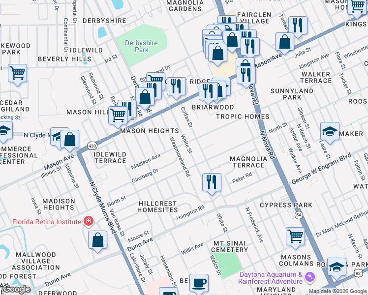 map of restaurants, bars, coffee shops, grocery stores, and more near in Daytona Beach