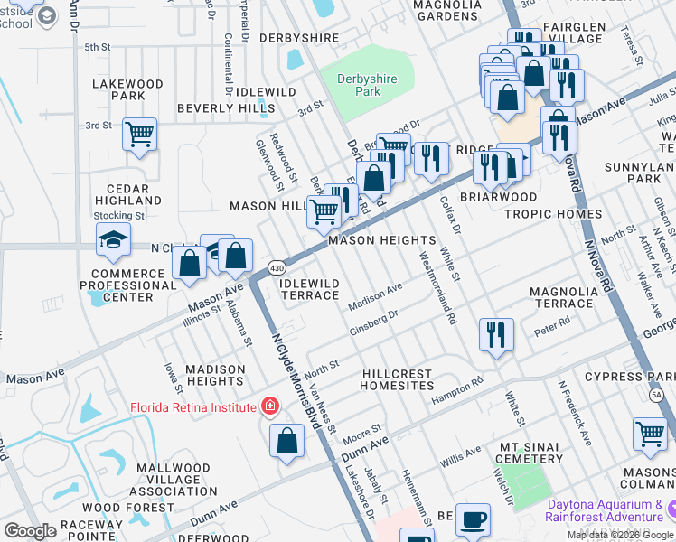 map of restaurants, bars, coffee shops, grocery stores, and more near 739 Heineman Street in Daytona Beach