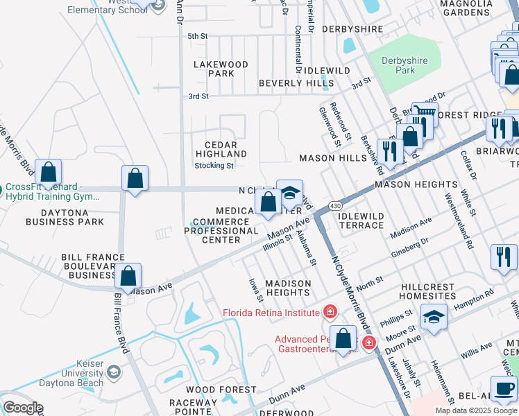 map of restaurants, bars, coffee shops, grocery stores, and more near 820 North Clyde Morris Boulevard in Daytona Beach