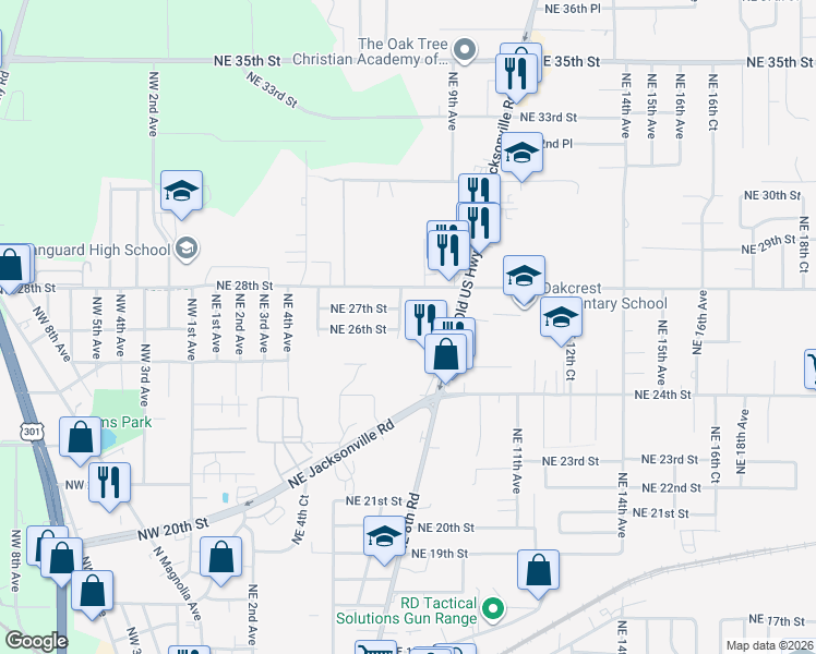map of restaurants, bars, coffee shops, grocery stores, and more near 2601 Northeast 8th Avenue in Ocala