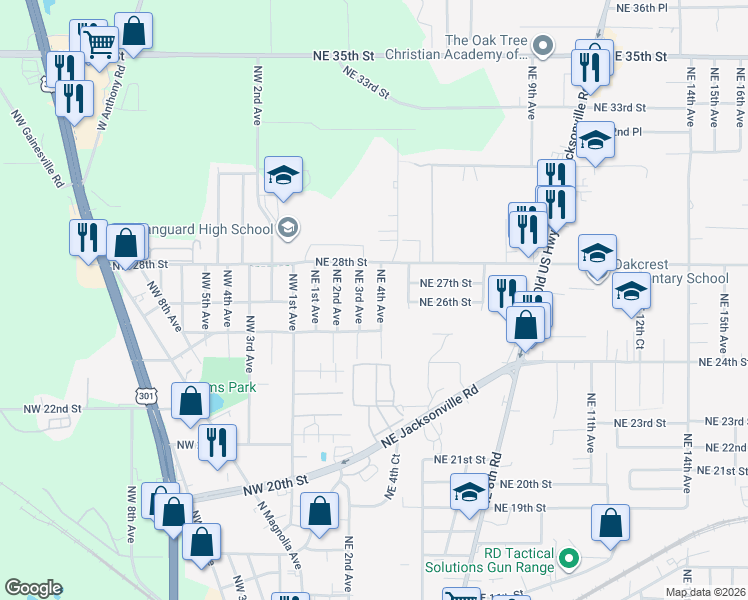 map of restaurants, bars, coffee shops, grocery stores, and more near 2601 Northeast 3rd Avenue in Ocala