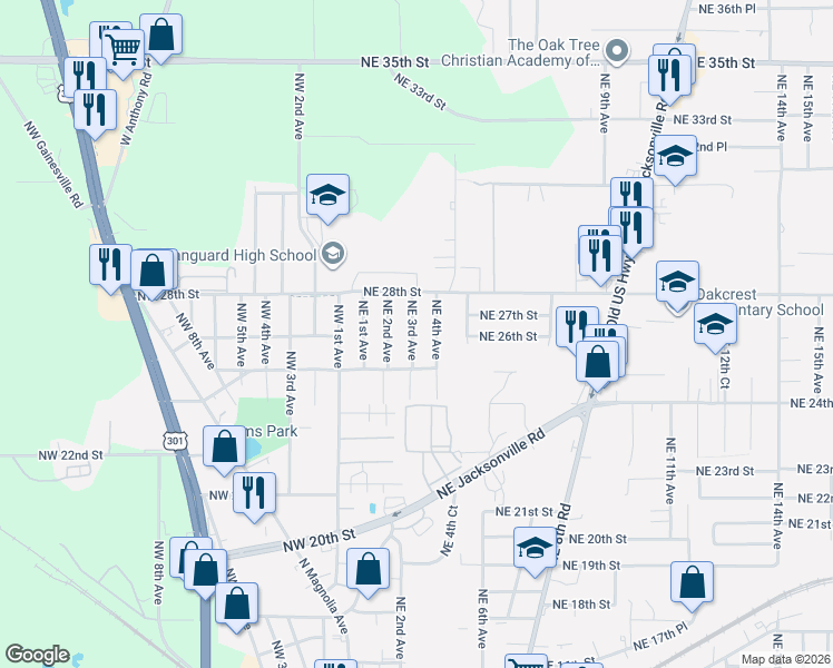map of restaurants, bars, coffee shops, grocery stores, and more near 2601 Northeast 3rd Avenue in Ocala