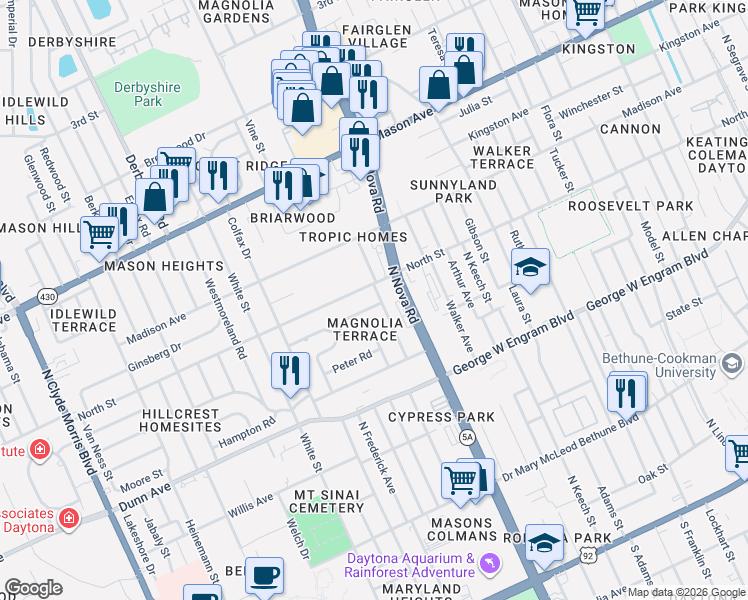 map of restaurants, bars, coffee shops, grocery stores, and more near 551 Mark Avenue in Daytona Beach