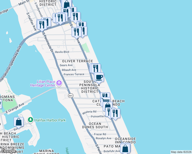 map of restaurants, bars, coffee shops, grocery stores, and more near 935 South Atlantic Avenue in Daytona Beach