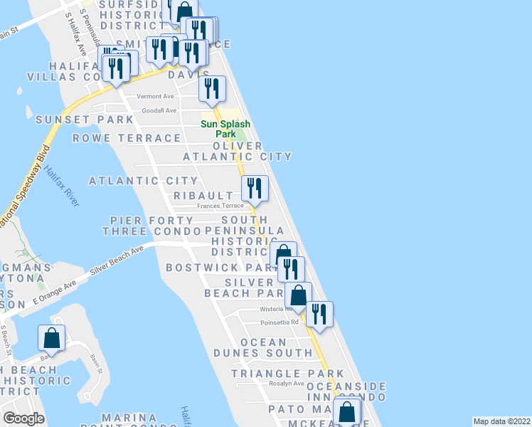 map of restaurants, bars, coffee shops, grocery stores, and more near 935 Florida A1A in Daytona Beach